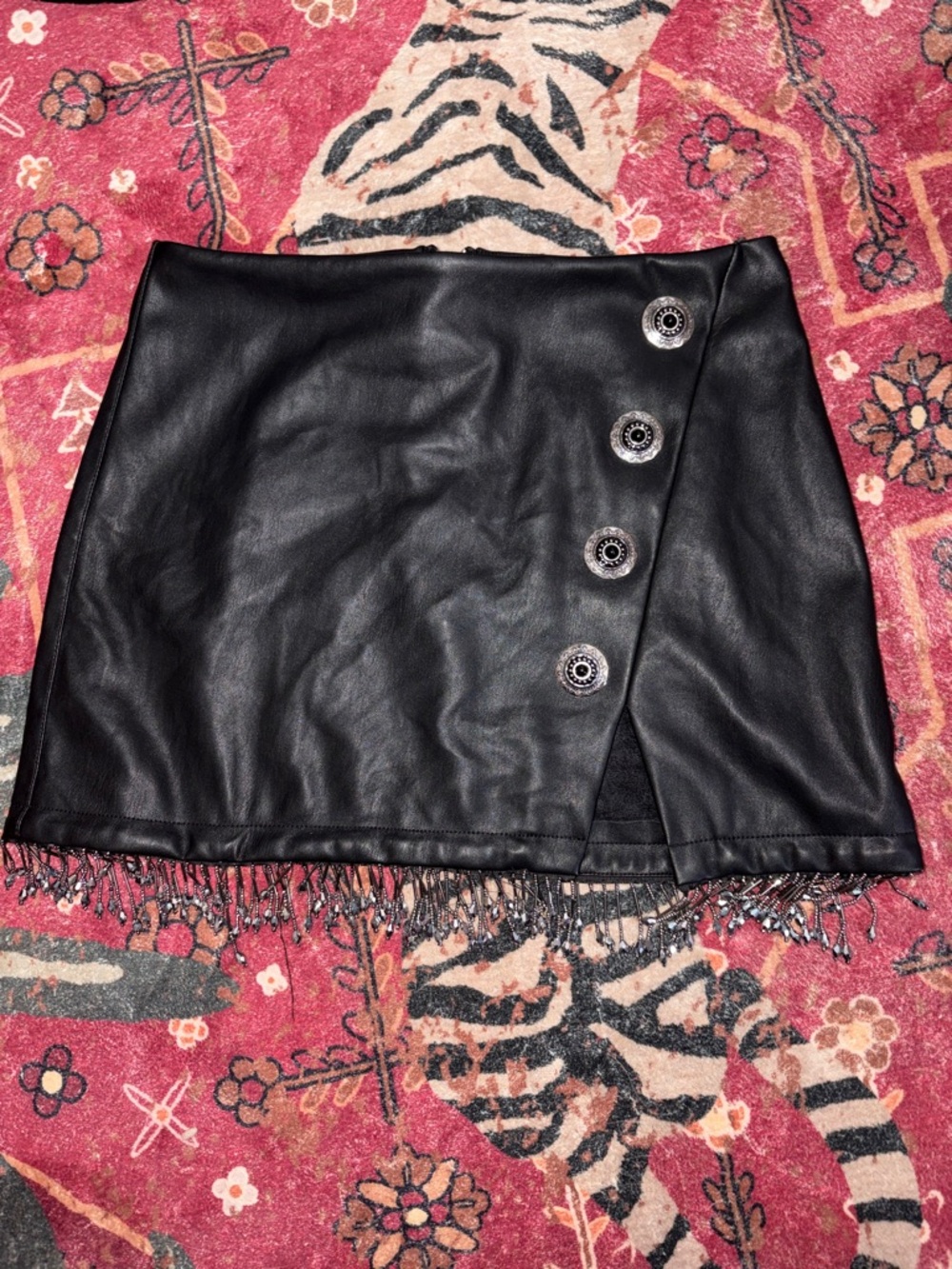 POSTER GIRL Black Faux Leather Mini Skirt with Beaded Fringe